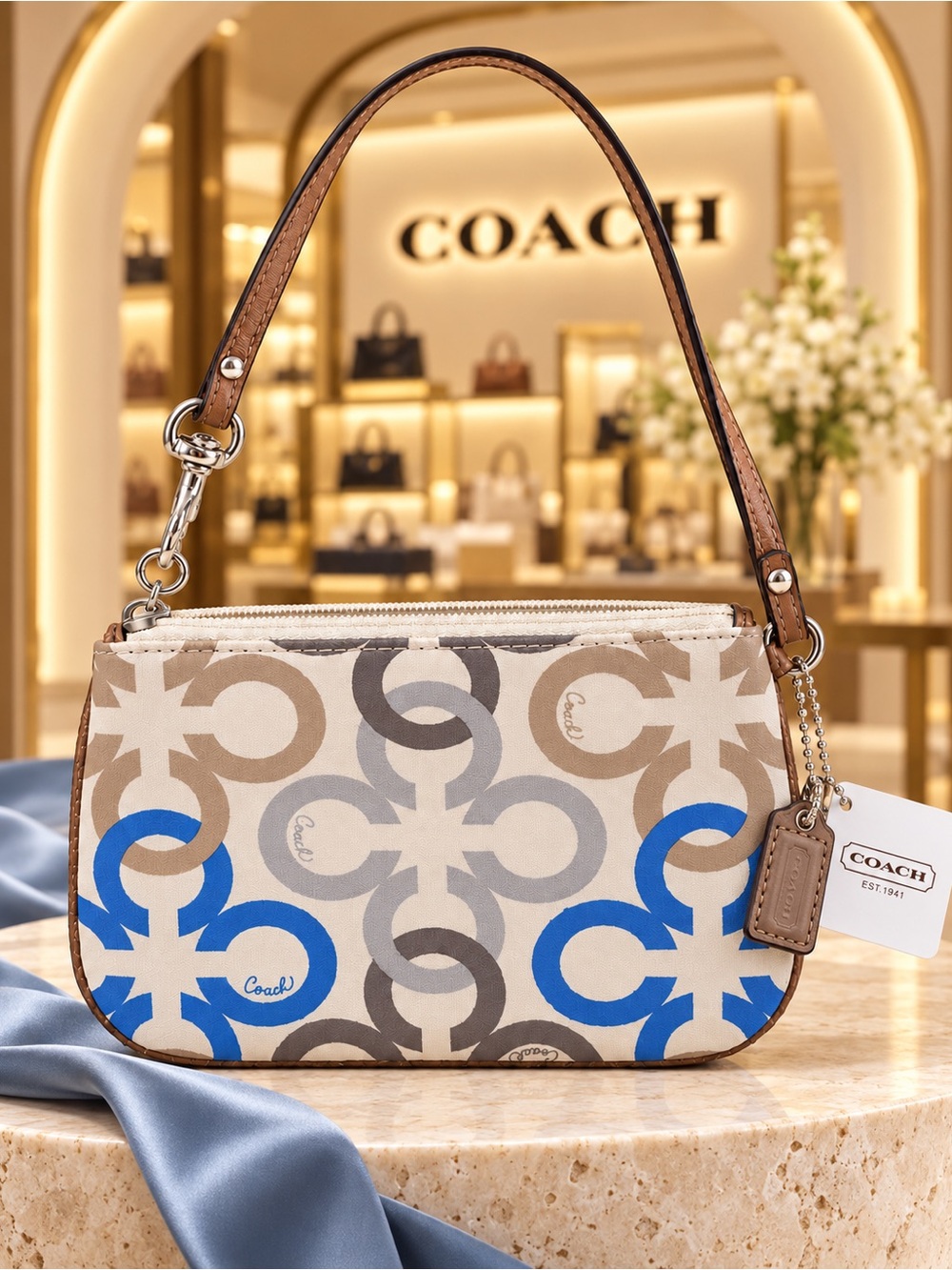 Coach Vintage Y2K Op Art Signature Wristlet Blue Gray Beige NWT - Picture 9 of 14